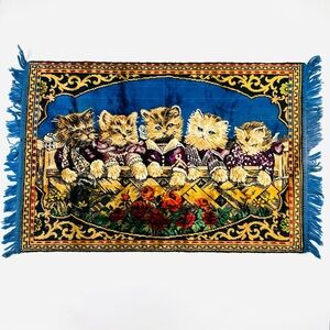 Vintage velvet chenille tapestry cats wall hanging rug Mid Century MCM